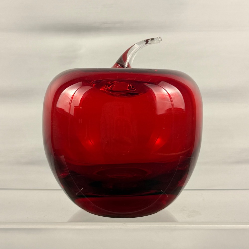 Blenko 882 Ruby Red Art Glass Apple Paperweight Clear Stem USA